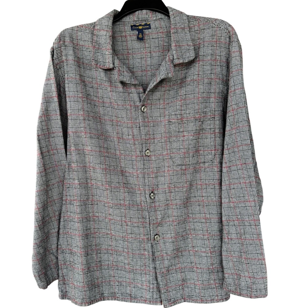 Club Room Pajama Top Mens XL Grey Glen Plaid 100% Cotton Long Sleev Button Front